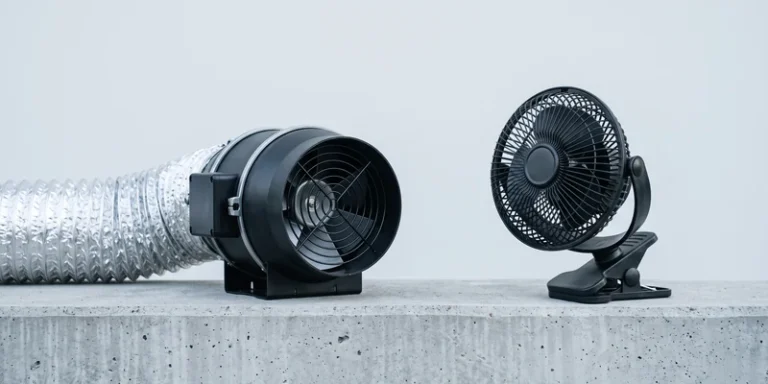 Inline duct fan and clip on circulation fan side by side