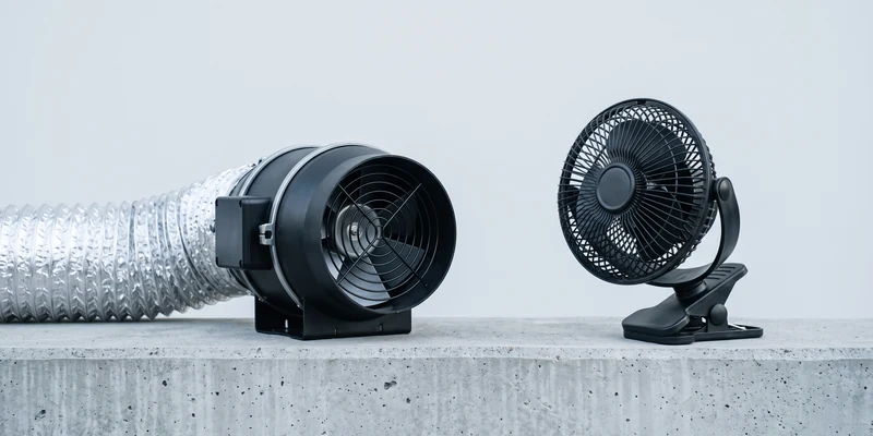 Inline duct fan and clip on circulation fan side by side