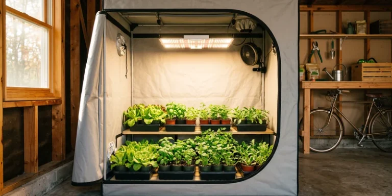 Open grow tent with light, fan and trays of lettuce seedlings