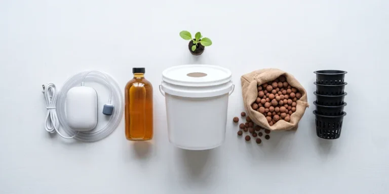 Beginner hydroponic starter kit laid out with bucket, net pots and nutrients