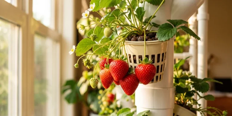 Ripe strawberries growing in an indoor hydroponic system