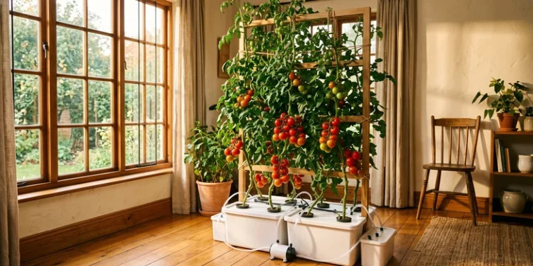 Staked hydroponic tomato plant heavy with fruit in a sunny room