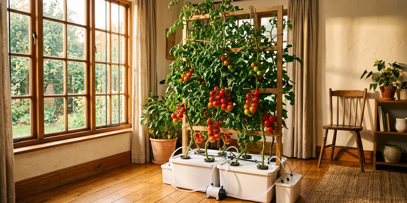 Staked hydroponic tomato plant heavy with fruit in a sunny room