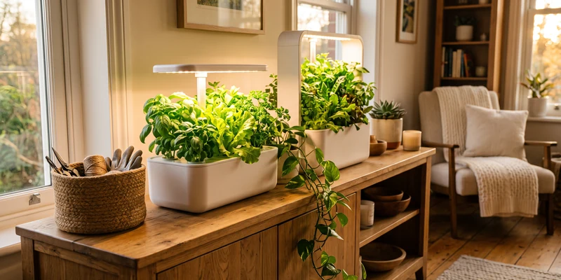 Two countertop hydroponic units of different sizes on a warm sideboard