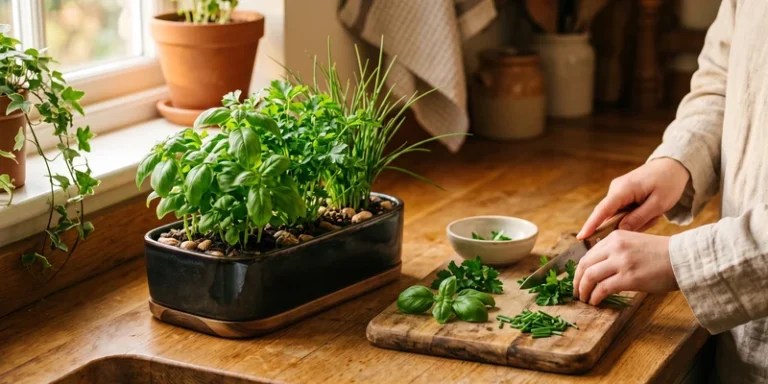 Herb garden unit with basil and parsley beside a board of freshly cut herbs