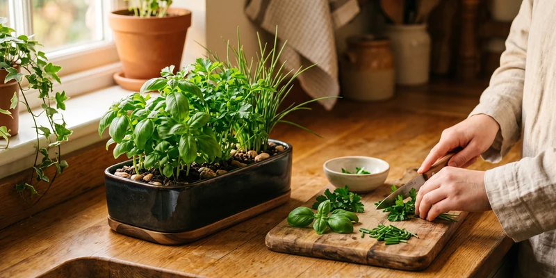 Herb garden unit with basil and parsley beside a board of freshly cut herbs