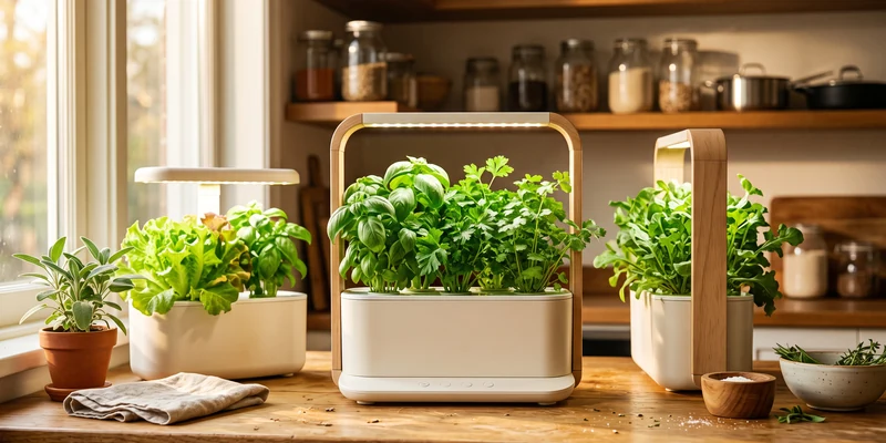 Countertop hydroponic gardens growing herbs in a kitchen