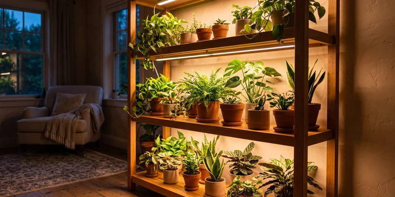 Plant shelf lit by LED grow bars at dusk