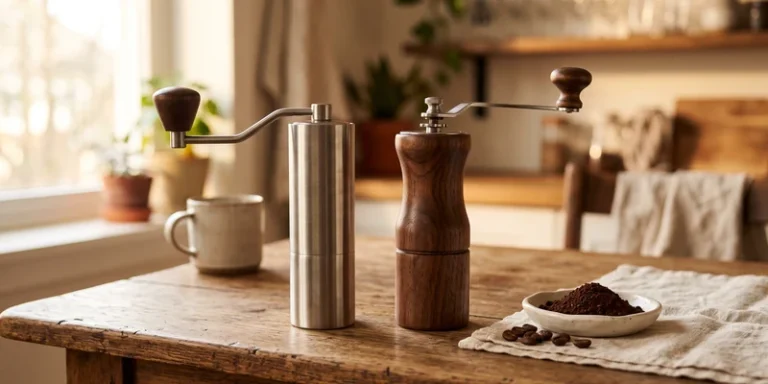 Two hand coffee grinders in steel and walnut on a rustic wooden table