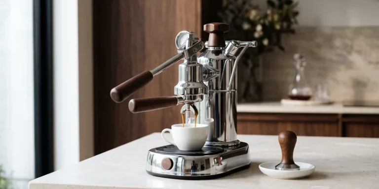 Manual lever espresso machine pulling a shot into a small white cup