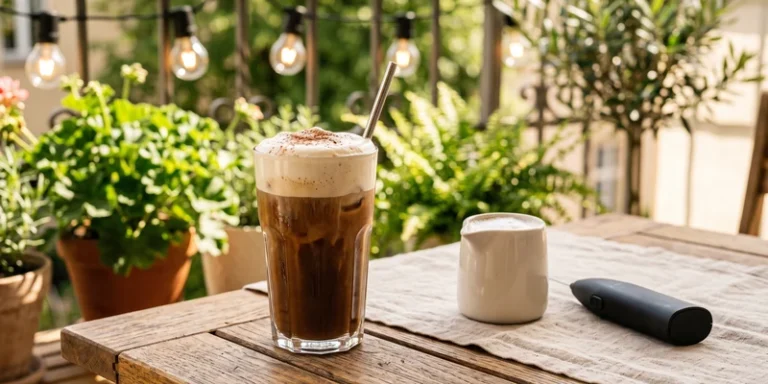 Iced coffee with cold foam on a warm terrace table with a handheld frother