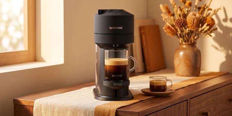 Nespresso machine with an espresso cup on a walnut sideboard