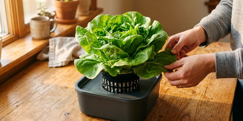 Large hydroponic butterhead lettuce ready to harvest on a wooden table
