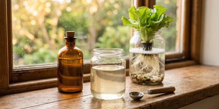 Jar of nutrient solution with a measuring spoon beside a Kratky jar
