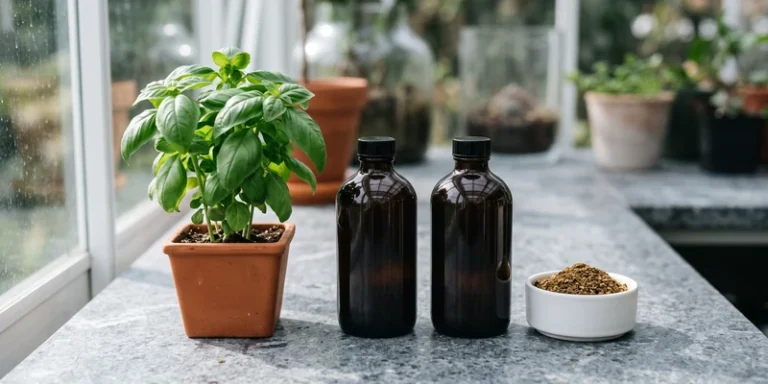 Organic nutrient bottles with kelp meal beside a leafy plant