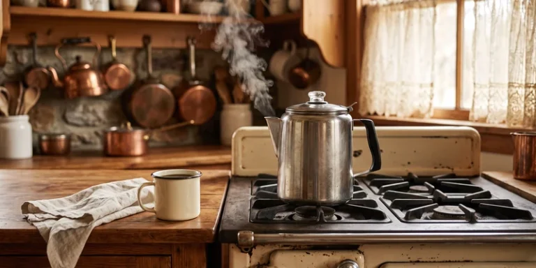 Stovetop percolator steaming on a stove in a cozy country kitchen