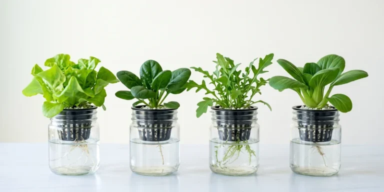 Four jars with lettuce, spinach, arugula and bok choy growing passively