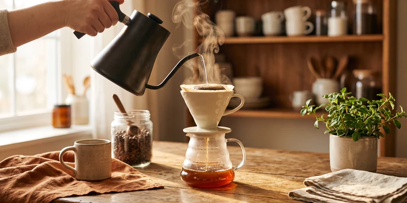 Pour over coffee brewing on a warm oak table