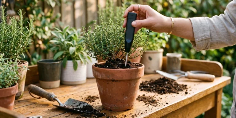 Probe meter pushed into the soil of a potted herb on a potting bench