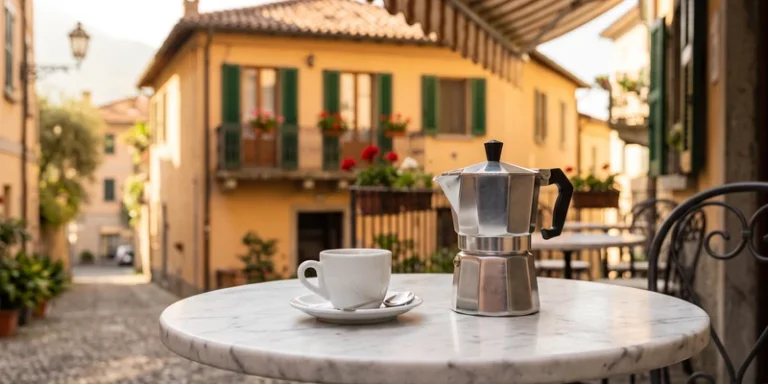 Stainless steel moka pot and espresso cup on an Italian bistro terrace table