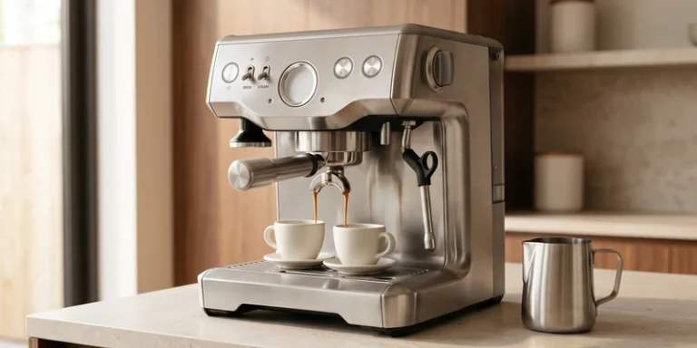 Mid range espresso machine in brushed steel pulling a double shot