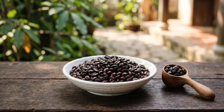 Bowl of dark roasted Vietnamese coffee beans with a wooden scoop