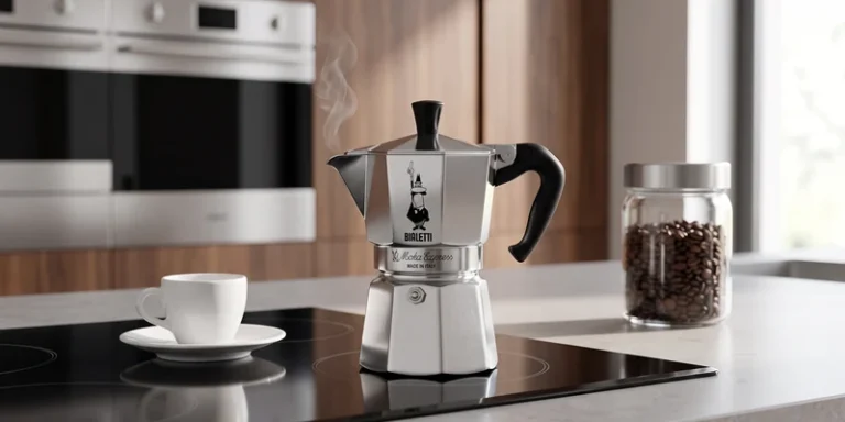 Bialetti Moka Express on a kitchen hob with an espresso cup and jar of beans