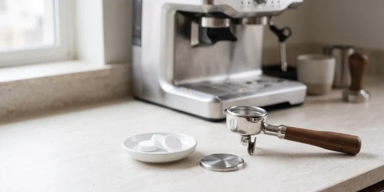 Cleaning tablets, a filter disc and a portafilter on a kitchen counter