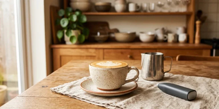 Cup of coffee with silky milk foam beside a milk jug and frothing wand