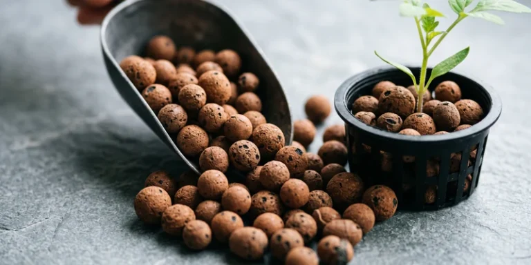 Close up of expanded clay pebbles spilling from a scoop beside a net pot
