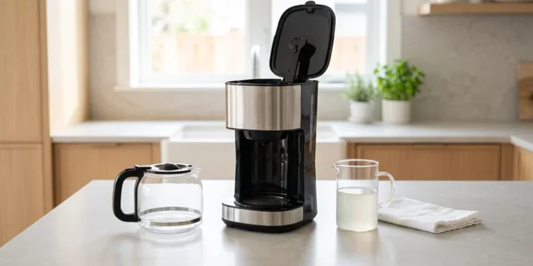 Drip coffee maker with open reservoir beside a jug of vinegar solution