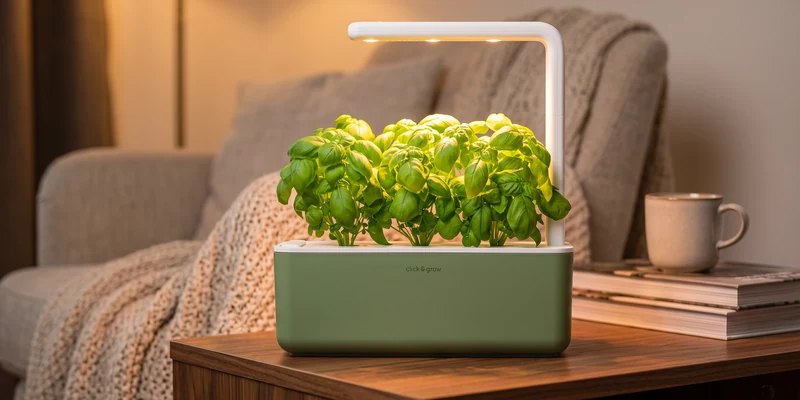 Click and Grow smart garden with basil on a walnut side table in evening light