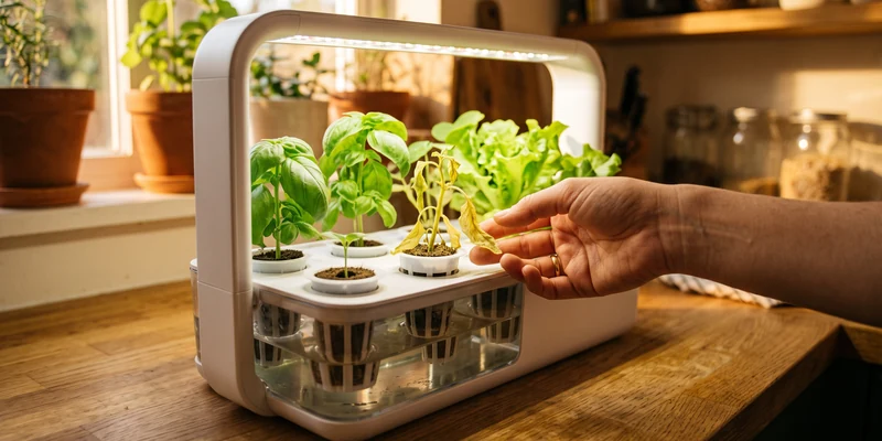 Smart garden with one wilting seedling among healthy green ones