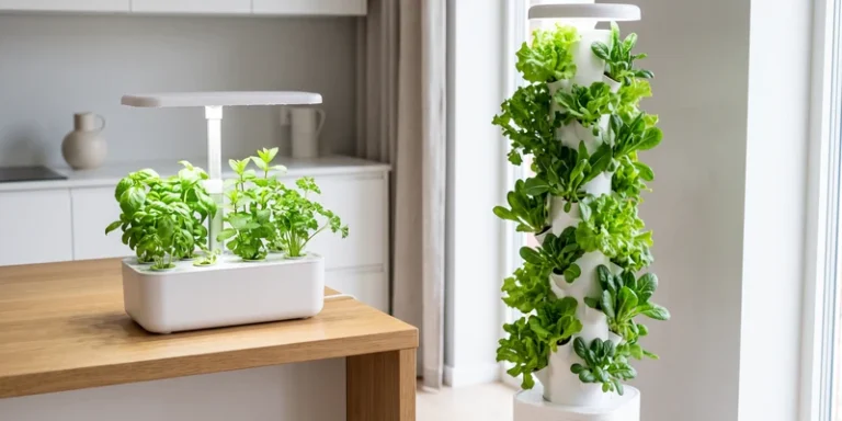 Compact countertop garden beside a tall vertical hydroponic tower