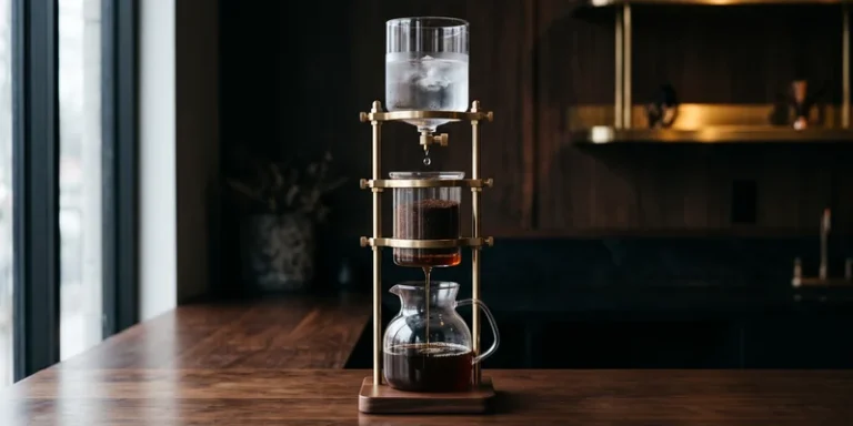 Tall glass cold drip coffee tower dripping into a carafe