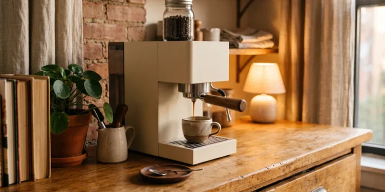 Compact espresso machine in a cozy apartment kitchen in evening light