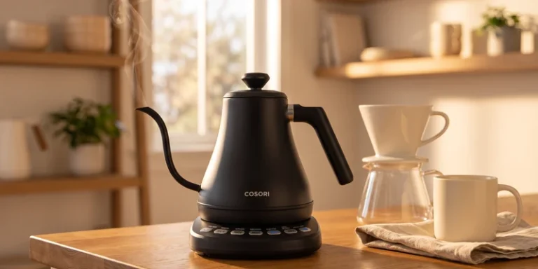 Electric gooseneck kettle steaming in a warm morning coffee corner