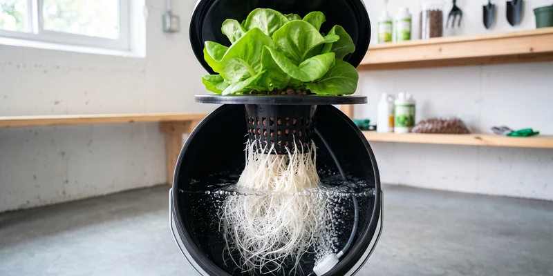 Deep water culture bucket with lettuce and white roots