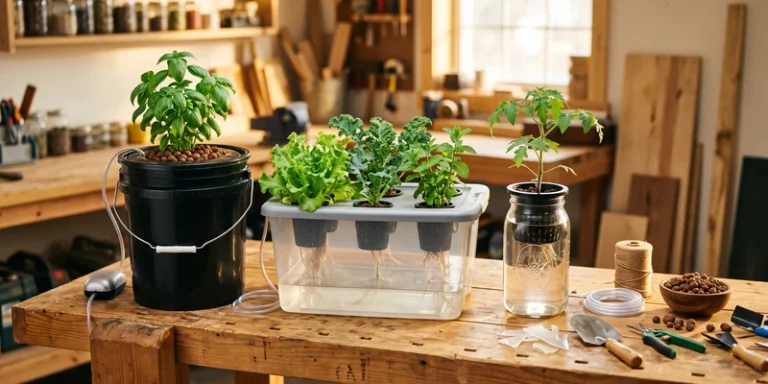 Three home built hydroponic systems on a workbench with plants growing