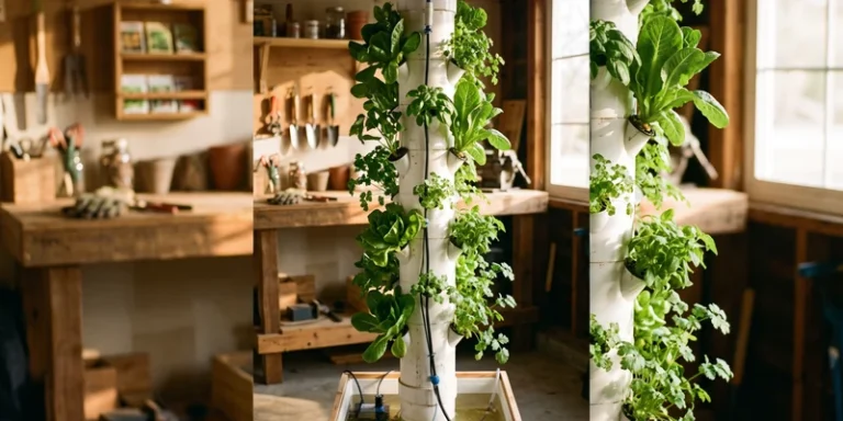 DIY vertical hydroponic tower with lettuce growing from staggered holes