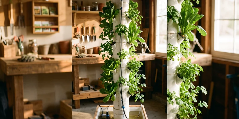 DIY vertical hydroponic tower with lettuce growing from staggered holes