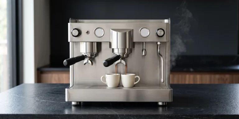 Large stainless steel dual boiler espresso machine pulling a double shot
