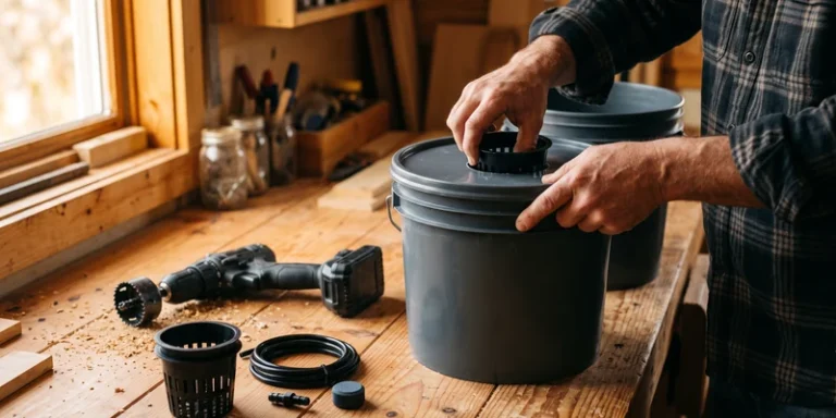 Hands fitting a net pot into a bucket lid on a workbench with tools