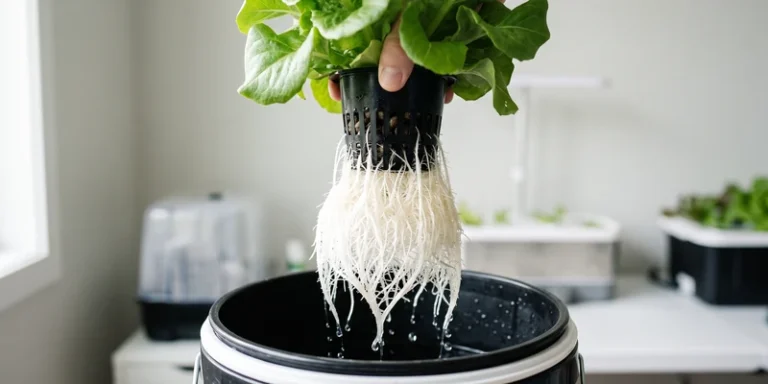 Healthy white hydroponic roots lifted from a reservoir in a net pot