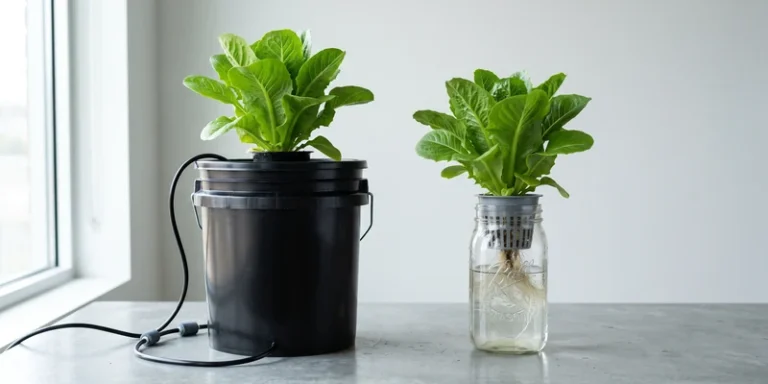 Aerated bucket beside a passive jar, both growing lettuce