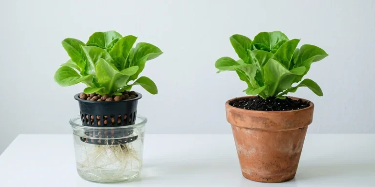 Two lettuce plants side by side, one in water and one in soil