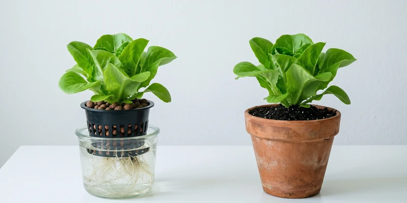 Two lettuce plants side by side, one in water and one in soil