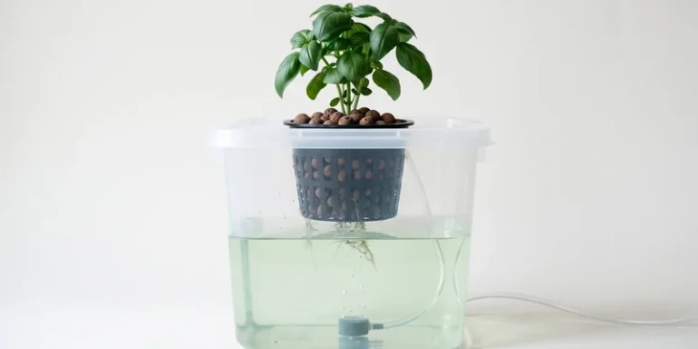 Translucent reservoir showing the nutrient waterline beside a net pot