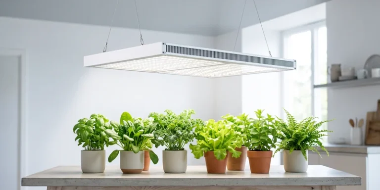 White full spectrum LED panel casting even light over leafy plants