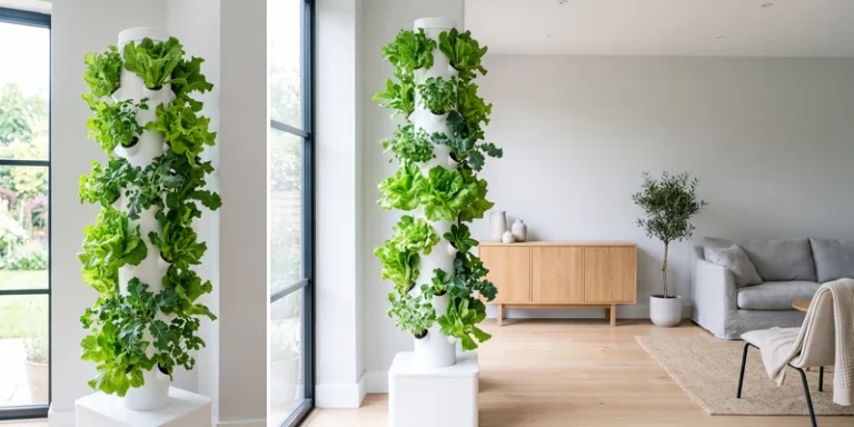 Vertical hydroponic tower with lettuce in a bright modern living space
